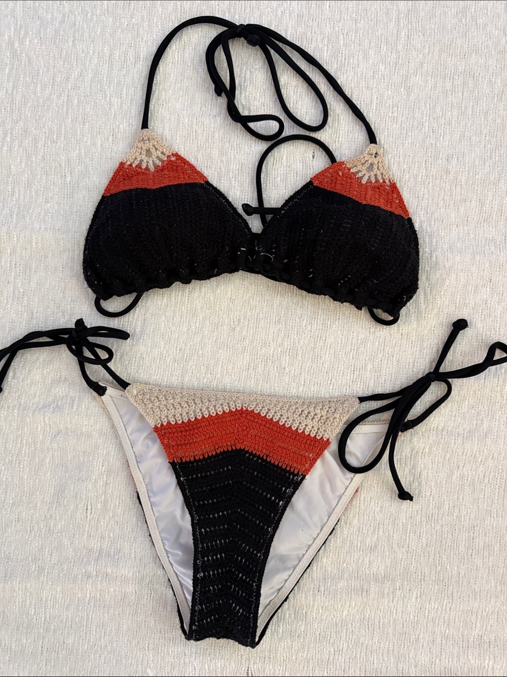 Victoria's Secret Black, Rust and Cream Crochet Tie Bikini